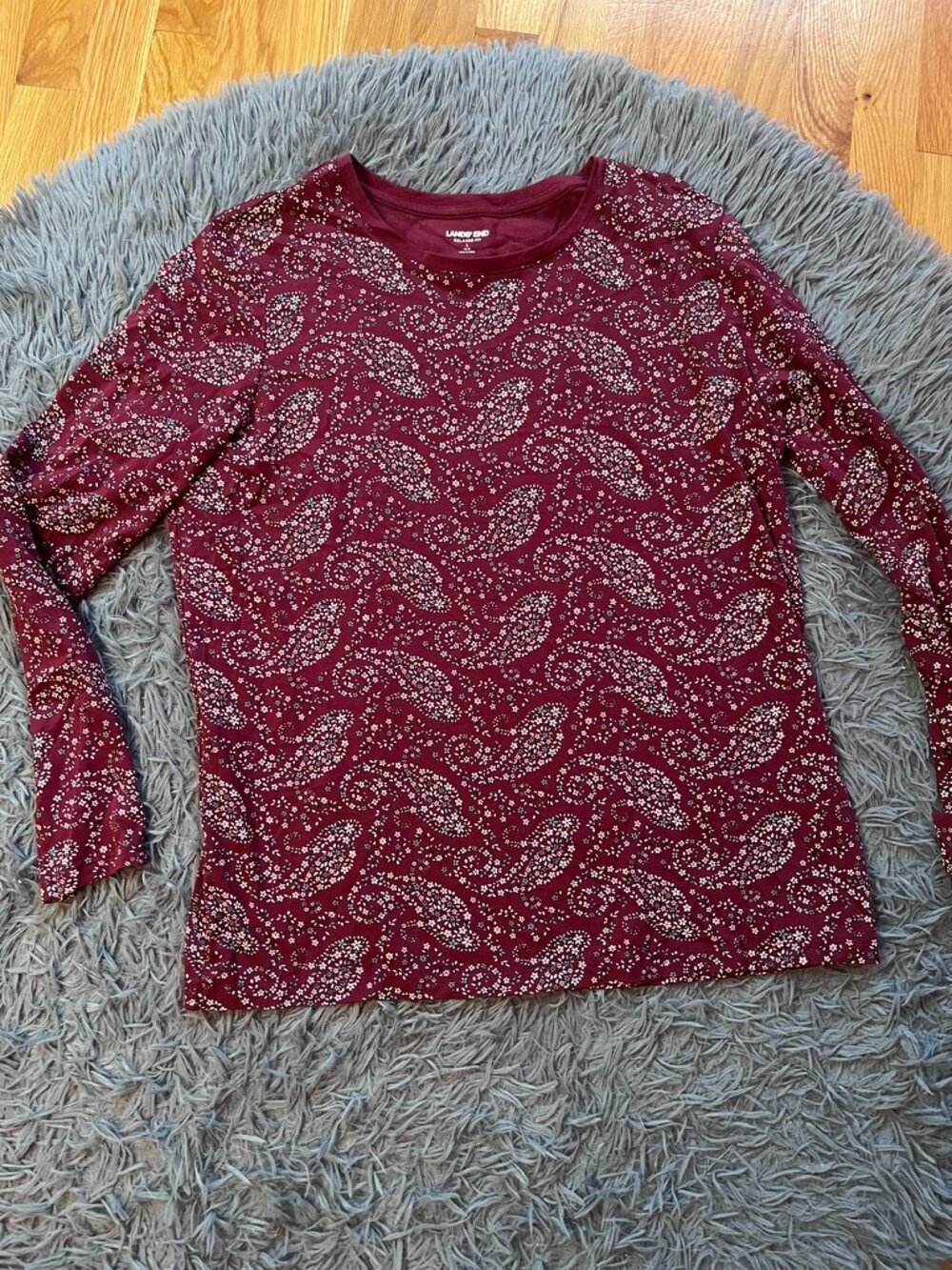 Lands' End Red Ditsy Floral Paisley Cotton Stretch Relaxed Long Sleeve Top L